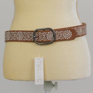 NWT Twelve Embroidered Belt Boho Festival Brown Tan Faux Leather Flower Cute S/M